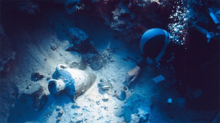 Sculptural remains in the harbor of Alexandria, Egypt, possibly connected to the Ptolemaic royal residence, “Cleopatra’s Palace,” on the island of Antirhodos. 