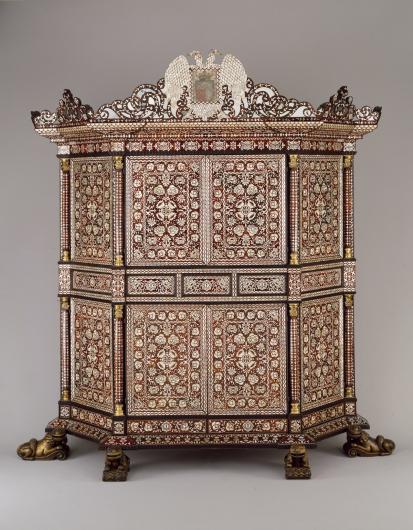 Unknown artist, Cabinet, about 1680–1700, mahogany, mother-of-pearl, ivory and tortoiseshell, Lima, Peru, South America, Dallas Museum of Art, gift of The Eugene McDermott Foundation, in honor of Carol and Richard Brettell, 1993.36.A-EE. Image courtesy Dallas Museum of Art