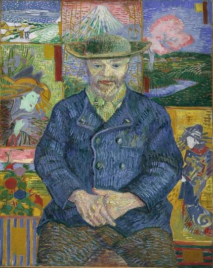  Colorful, straight-on portrait of art dealer with a background of japanese prints, several  of which can be matched to their real-life counterparts. 