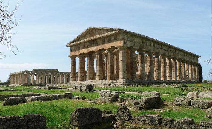 Two of the Doric temples, Temple of Hera I (L) and Temple of Hera II (R), at Paestum.  Photographed by Oliver Bonjoch, 2010. License
