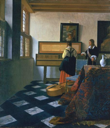 Vermeer painting of an interior with a woman at a piano shown from behind