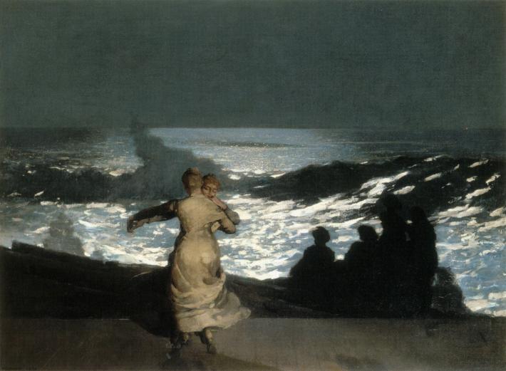 Winslow Homer painting of two women dancing in the moonlight in front of a seascape