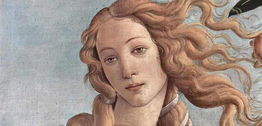 Sandro Boticelli painting of a woman with flowing blonde hair