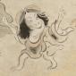 Kawaii detail of a little yokai girl from the Yoshimitsu Hyakki no Zu scroll, unknown author.