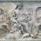 The so-called Tellus panel from the Ara Pacis, ca 9 BCE. Here a goddess, likely the personification of Pax (Peace) or Tellus (the Earth), is surrounded by natural fecundity and symbols of plenty. This panel combined with the other mytho-historical images of the building are an imagery combination of commemorative Roman art. The Ara Pacis has been reassembled in the Museo dell’Ara Pacis in Rome. 